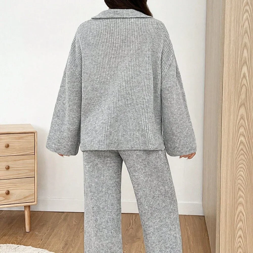 Grey Casual Zipper Half Placket Dropped Shoulder Long Sleeve Sweater & Pant set